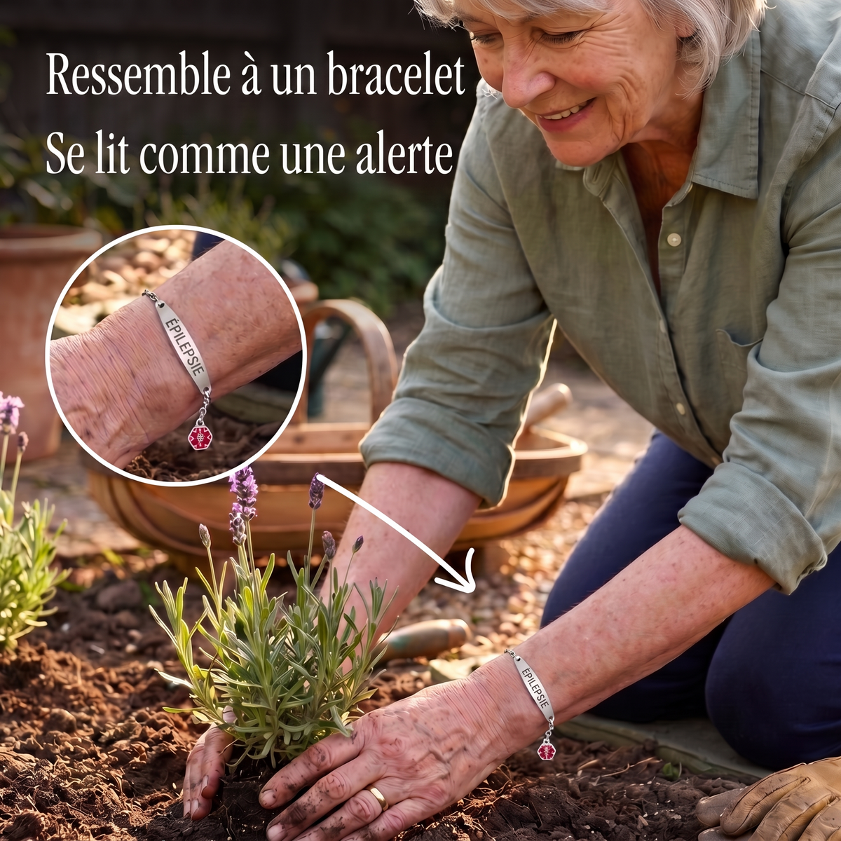 Bracelet épilepsie porté au jardin